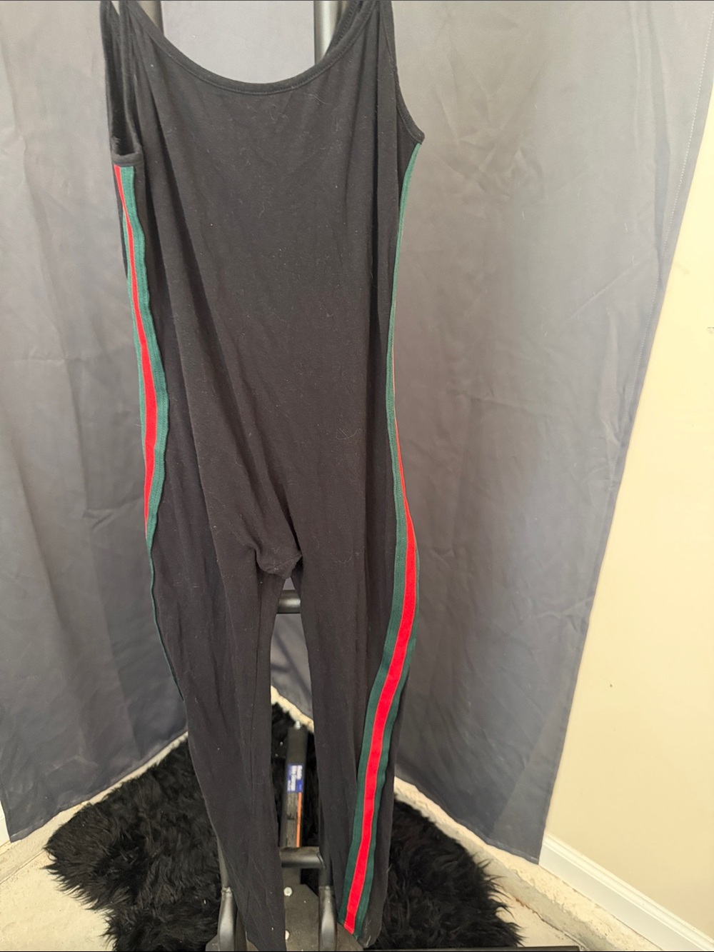 Black Sleeveless Jumpsuit with Red & Green Side Stripes